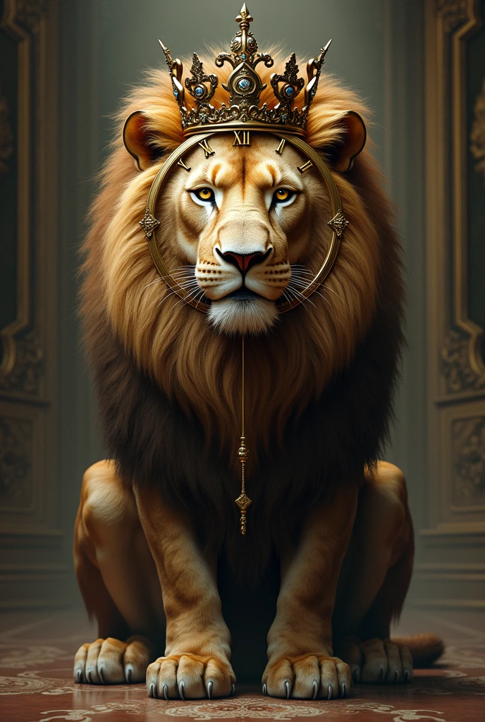 A lion with a crown and its face is like a clock with roman numbers