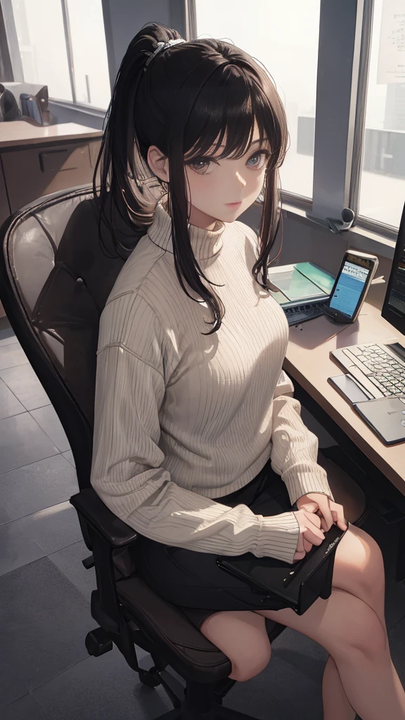 a 18 year old girl with long brown hair sitting in a gaming chair he an streamer she feels sexy she is slimeing and wearing tight clothes
