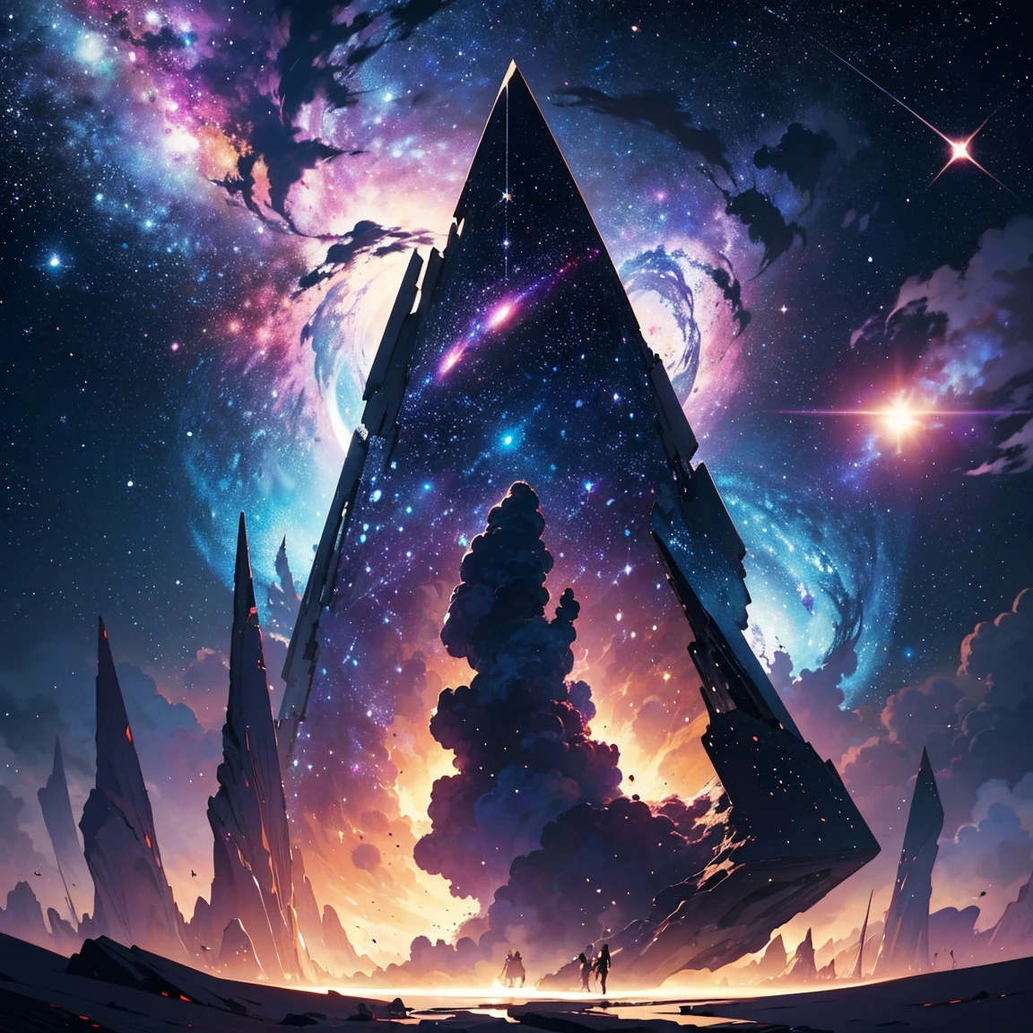 Create an image depicting a vast galaxy filled with swirling nebulas and distant stars. In the foreground, a sleek spaceship glides through the cosmic expanse, reflecting the shimmering light of nearby stars. The scene captures the awe-inspiring beauty and mystery of deep space exploration