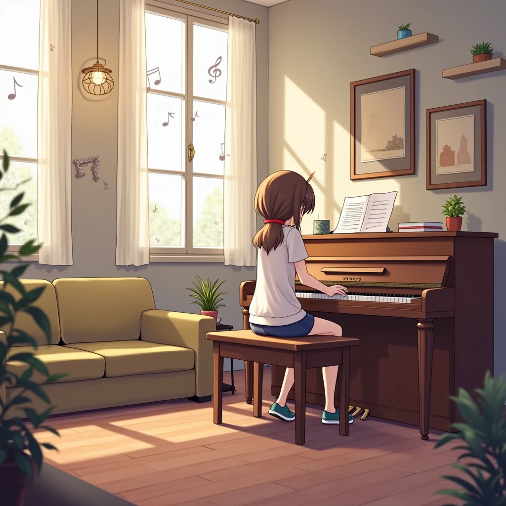 1girl, anime, playing the piano in a cozy living room, wearing a casual outfit, soft sunlight streaming through the windows, comfortable furniture and decor around her, music notes floating in the air