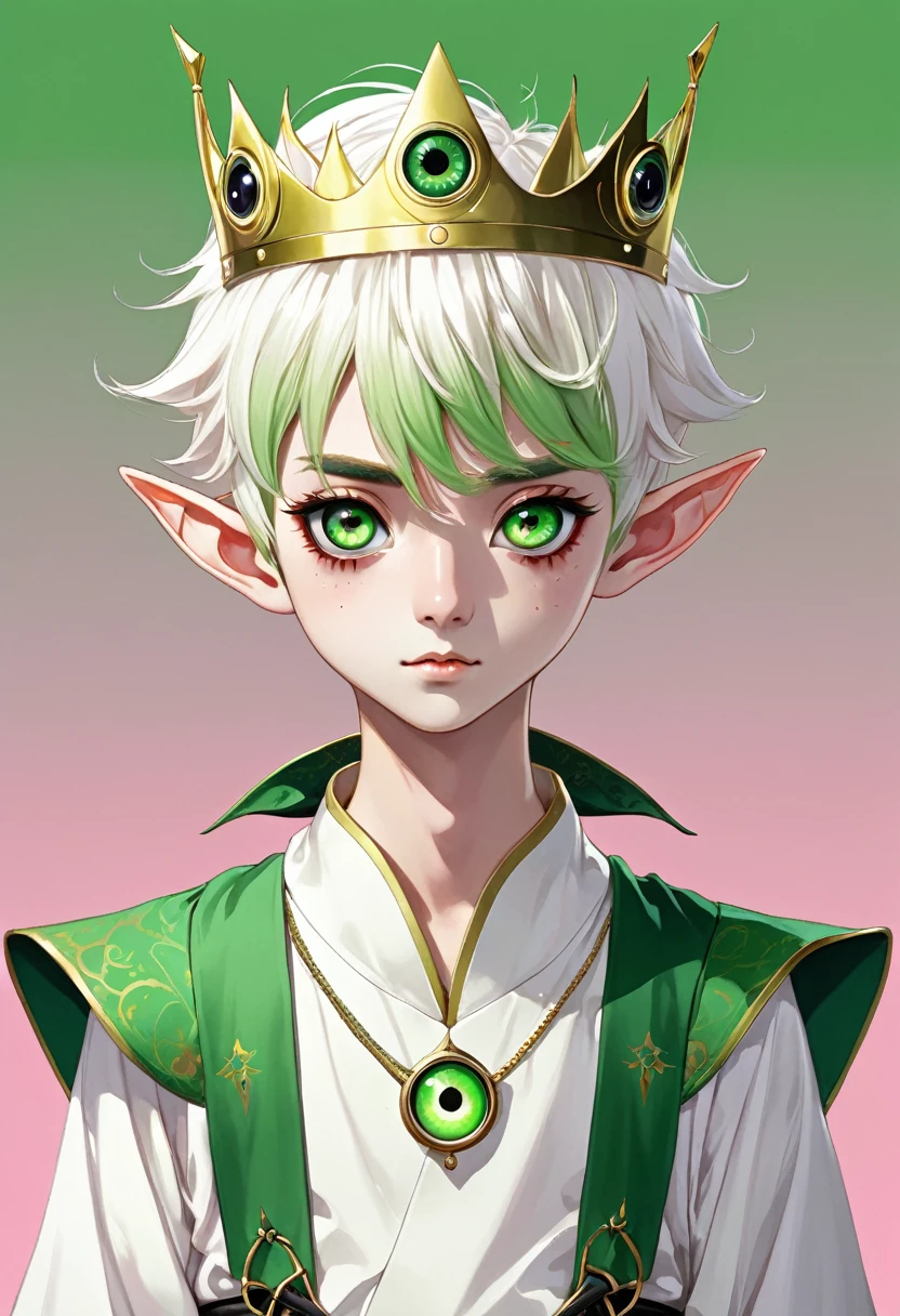 Japanese Anime,Second dimension,Horror style,horror character,(((Three-eyed boy,solo,The third eye on the forehead,Dark eyeshadow,White short hair,Elf ears,Green Skin,Exaggerated golden crown-eyeball decoration))),(((Japanese clothing))).(((Thin waist,Green belt:1.6))).Solid pink background