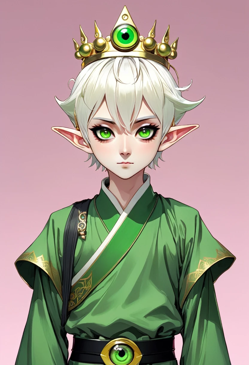 Japanese Anime,Second dimension,Horror style,horror character,(((Three-eyed boy,solo,The third eye on the forehead,Dark eyeshadow,White short hair,Elf ears,Green Skin,Exaggerated golden crown-eyeball decoration))),(((Japanese clothing))).(((Thin waist,Green belt:1.6))).Solid pink background