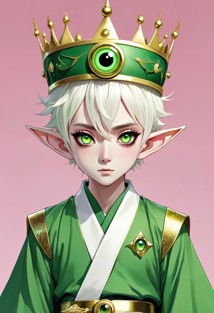 Japanese Anime，Second dimension，Horror style，horror character，(((Three-eyed boy，solo，The third eye on the forehead，Dark eyeshadow，White short hair，Elf ears，Green Skin，Exaggerated golden crown-eyeball decoration))),(((Japanese clothing))).(((Thin waist，Green belt：1.6))).Solid pink background