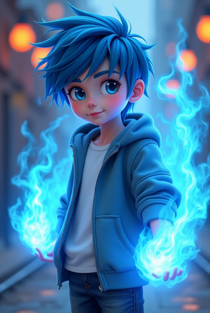 A boy who has blue eyes just like his hair. He has a sweatshirt and a white t-shirt underneath., He also has some comfortable pants. Has a blue fire power 