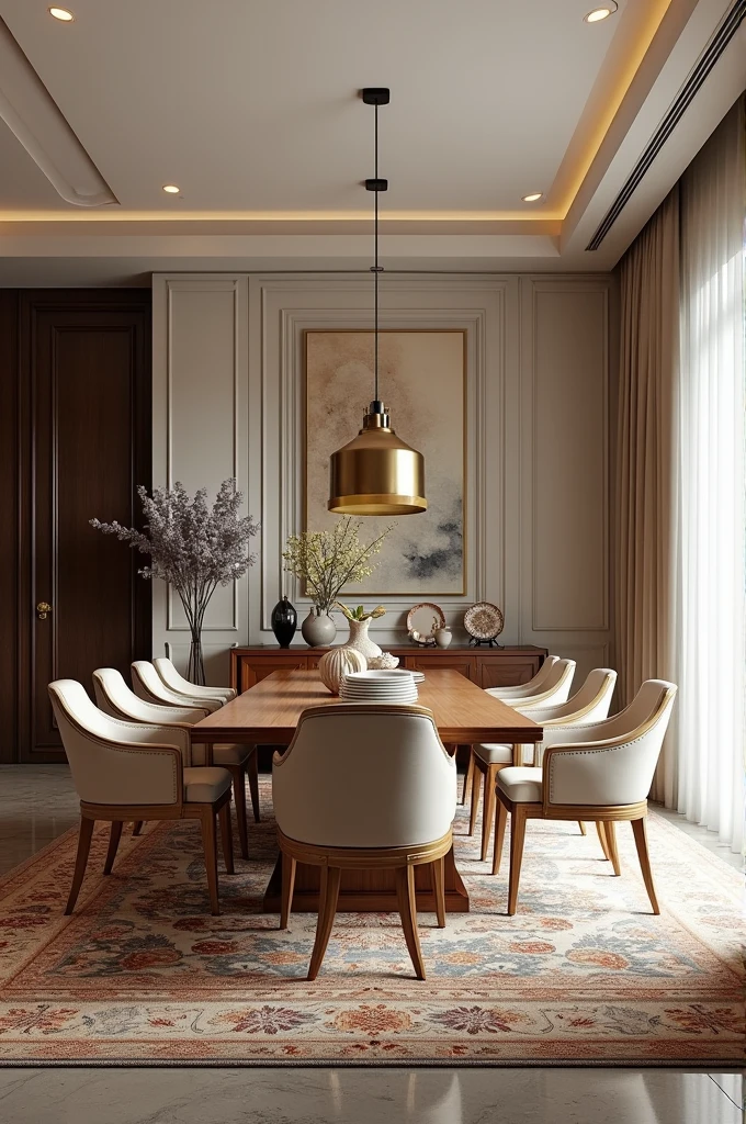 Professional 3d architecture rendering design of modern and French design for living room and dining room with elegant wooden with gold dining table and eight  elegant French chairs and silk Persian carpet and elegant curtains and clothes wall and elegant wooden consulate for elegant plates 