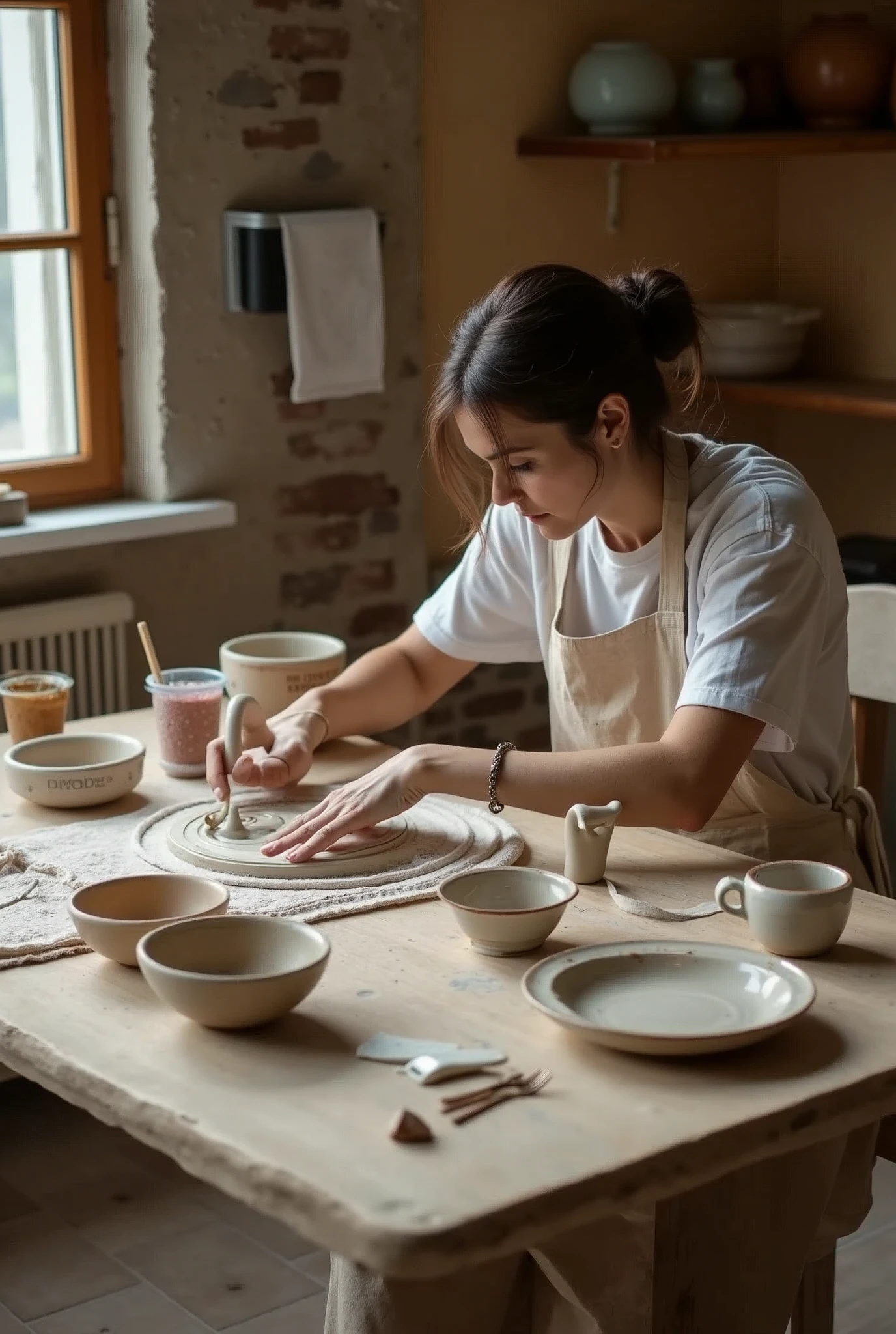 Sitting at a ceramic table and working