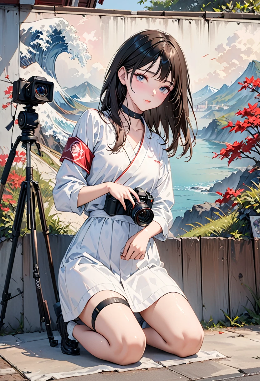 (masterpiece) One Girl,Portraiture,(8k, RAW Photos, Highest quality, Ultra-high resolution, Realistic, Very detailed),Kneel,Missionaries,Have a camera,Move the camera closer,Highest quality,One Girl,alone,Striped Hair,choker,art mural,Put your arms on your hips,Lean back,Looking into the camera,Armband,Thigh straps,Striped Hair,Head Down,Tilt your head,tight,thin,small,Perfect Face,Ninim Lalei,