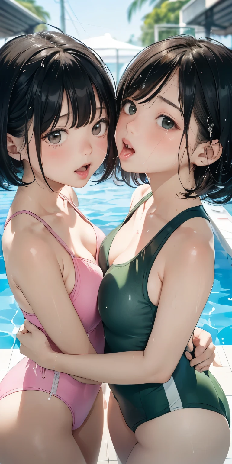 ( girl kissing、)Licking fingers、((your breasts will grow、))Black Hair、(See through)、Your Breasts Will Grow Background Outdoor Pool、(My body is soaked..5)、Wavy hair and super short bob hair、Realistically、(Two 10歳の女の子s hugging each other, Your breasts will grow. Accentuate the fullness of your breasts.)((Gross 5.5))(She is wearing a turquoise swimsuit.)，，Accentuate your cleavage，Looking up from below，blush，moist pink lips，sexy，Own，Please open your mouth wide、Place your arms behind your head、