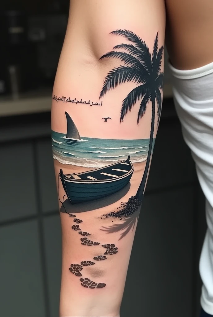 Boat in the sand tattoo
A shark’s fin peaking out of the water
The shadow of a palm
The phrase in Arabic “Everithing we do, everything we are”
Human foot prints in the sand