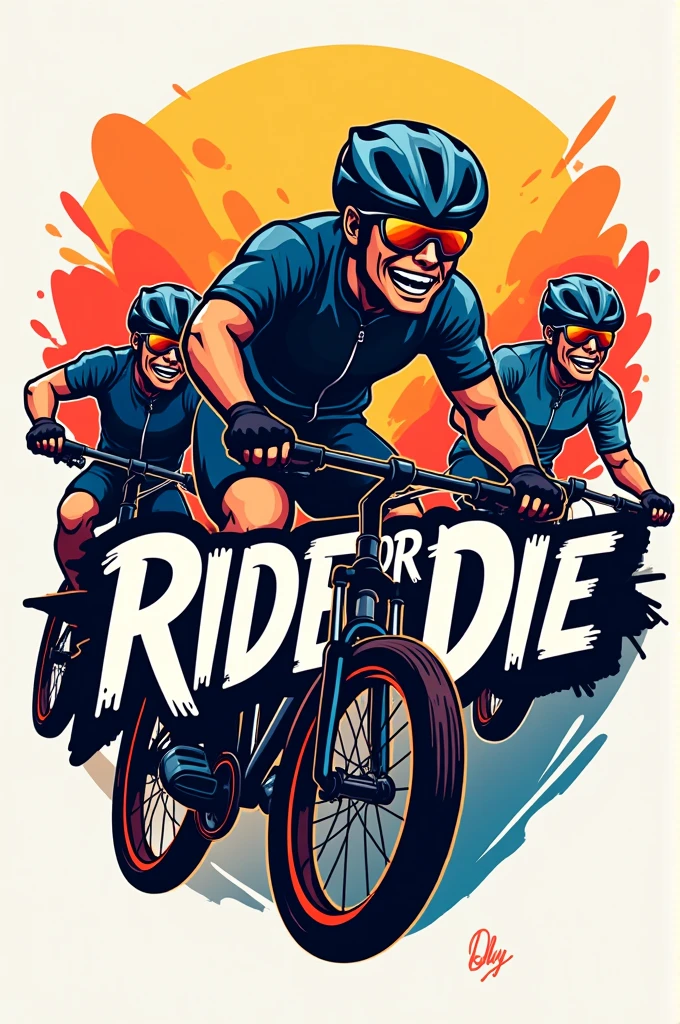 Create a cartoon style bike team logo that says ride or die