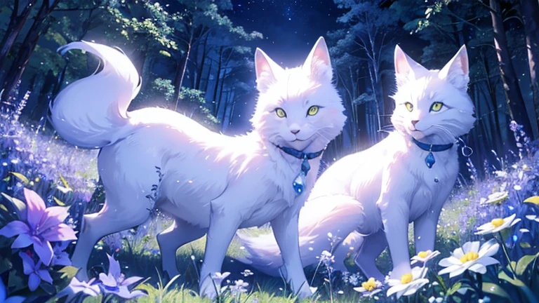 White fox and white cat playing in the forest,There are stars and flowers around,Blue-purple hue