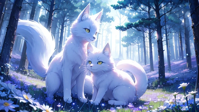 White fox and white cat playing in the forest，There are stars and flowers around，Blue-purple hue