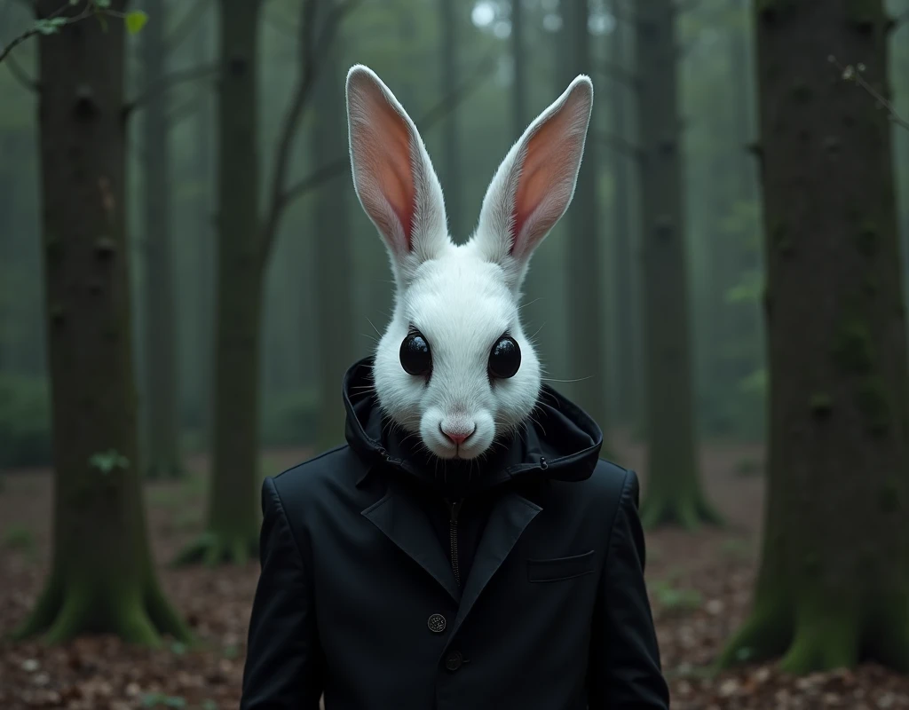 DARK FANTASY, white rabbit-man with total black eyes and black clothes, forest background, ritual