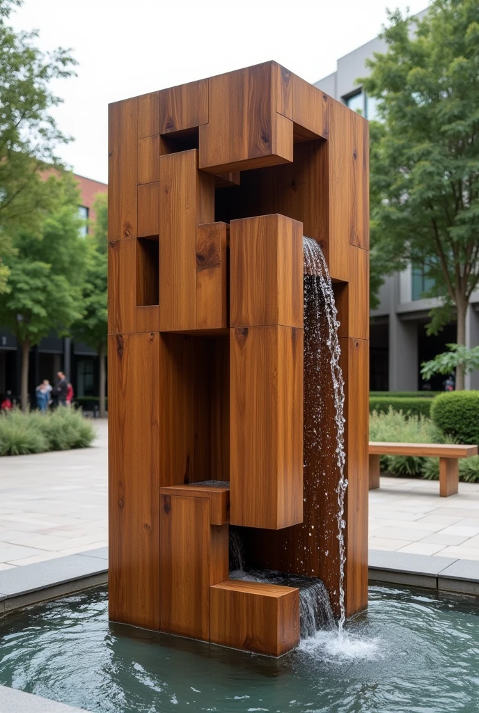 Water fountain made from 128 wooden pieces in the shape of a rectangular prism based on the style of Eduardo Chillida