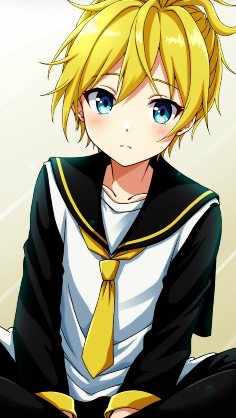 one boy, Kagamine Len, light blue eyes, sailor collar, yellow necktie