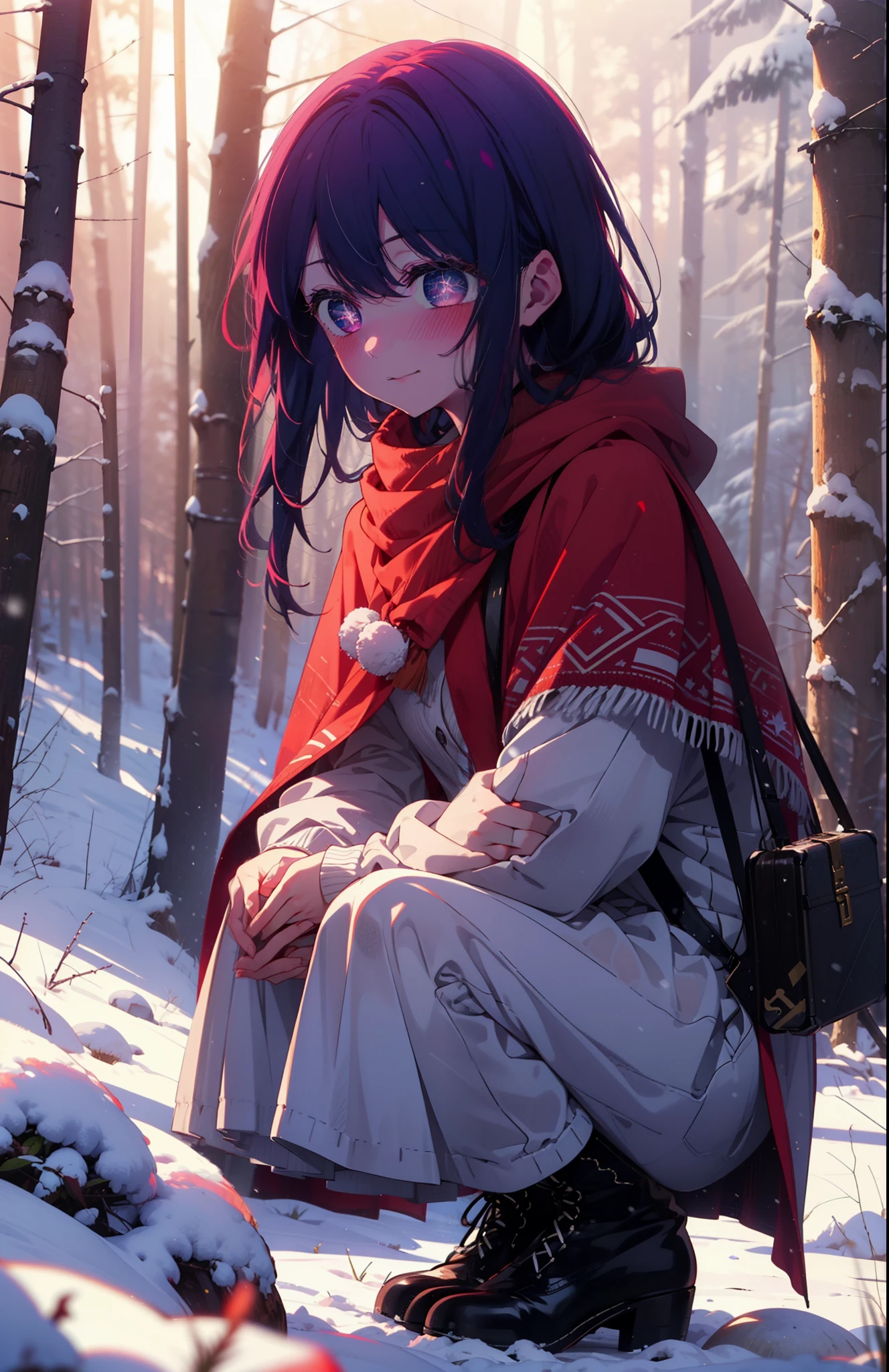 aihoshino, Ai Hoshino, Long Hair, bangs, (Purple eyes:1.1), Purple Hair, (Symbol-shaped pupil:1.5), smile,,smile,blush,white breath,
Open your mouth,snow,Ground bonfire, Outdoor, boots, snowing, From the side, wood, suitcase, Cape, Blurred, , forest, White handbag, nature,  Squat, Mouth closed, Cape, winter, Written boundary depth, Black shoes, red Cape break looking at viewer, Upper Body, whole body, break Outdoor, forest, nature, break (masterpiece:1.2), Highest quality, High resolution, unity 8k wallpaper, (shape:0.8), (Beautiful and beautiful eyes:1.6), Highly detailed face, Perfect lighting, Highly detailed CG, (Perfect hands, Perfect Anatomy),