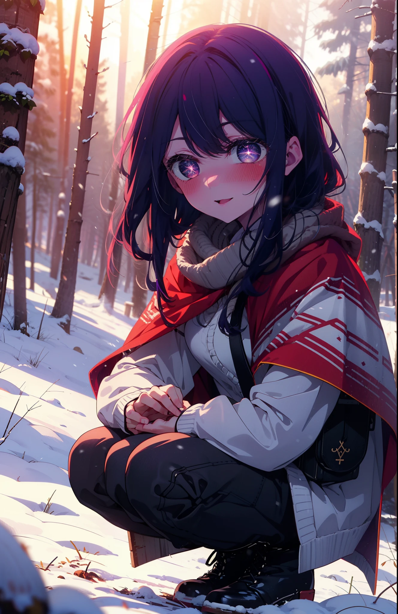 aihoshino, Ai Hoshino, Long Hair, bangs, (Purple eyes:1.1), Purple Hair, (Symbol-shaped pupil:1.5), smile,,smile,blush,white breath,
Open your mouth,snow,Ground bonfire, Outdoor, boots, snowing, From the side, wood, suitcase, Cape, Blurred, , forest, White handbag, nature,  Squat, Mouth closed, Cape, winter, Written boundary depth, Black shoes, red Cape break looking at viewer, Upper Body, whole body, break Outdoor, forest, nature, break (masterpiece:1.2), Highest quality, High resolution, unity 8k wallpaper, (shape:0.8), (Beautiful and beautiful eyes:1.6), Highly detailed face, Perfect lighting, Highly detailed CG, (Perfect hands, Perfect Anatomy),