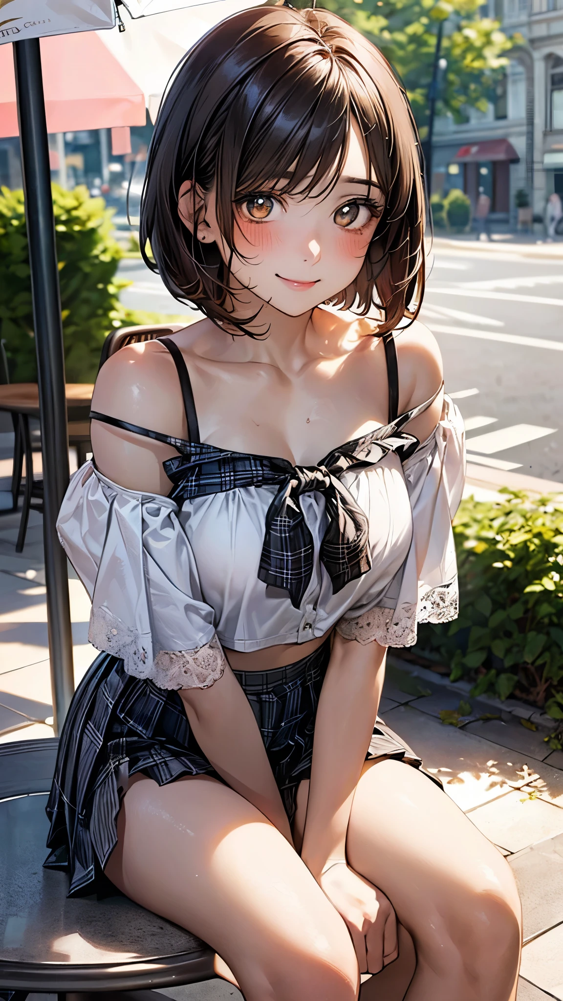 (masterpiece:1.2, top-quality), (realistic, photorealistic:1.4), beautiful illustration, (natural side lighting, movie lighting), depth of fields, nsfw,
beautiful detailed hair, beautiful detailed face, beautiful detailed eyes, beautiful clavicle, beautiful body, beautiful chest, beautiful thigh, beautiful legs,
looking at viewer, 1 girl, 12 years old, (perfect anatomy, anatomically correct, super detailed skin), cute and symmetrical face, perfect face, perfect eyes,
(very short hair, bob cut, brown hair), bangs, gold eyes, big eyes, long eye lasher, (large breasts, seductive thighs), perfect body, shiny skin, pink skin,
(detailed cloth texture), break (white short sleeve puff sleeve off shoulder blouse, midriff:1.1), break (grey plaid pleated skirt), break (lovely smile, moist eyes, blush),
(beautiful scenery), noon, (fashionable cafe terrace, outdoors, parasol, sunlight, lemonade on the table), sitting at terrace seat, (take a bite of lemon),