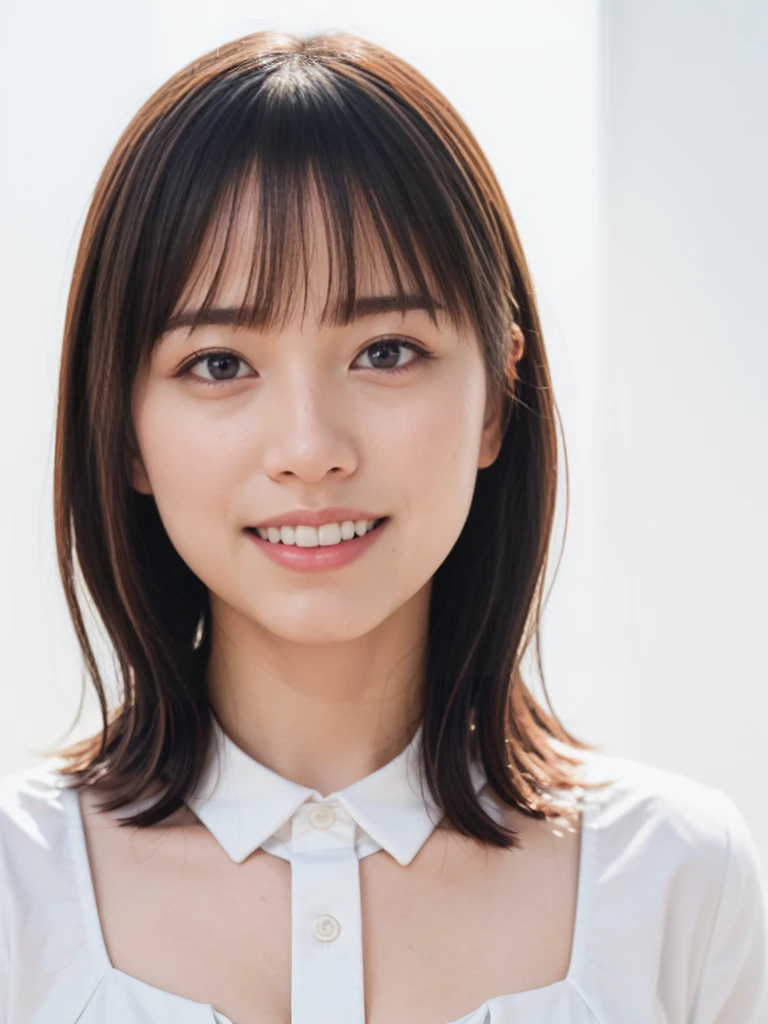 1girl, 25 years old woman, (perfectly detailed face), cute face, beautiful face, Small breasts, medium breasts, large breasts, ((looking at viewer)), smile, light smile, White skin, Simple Background, (((white background))), ((white wallpaper)), Indoor, (bright lighting:1.2), perfect lighting, photorealistic, (bokeh), UHD, anatomically correct, highres
