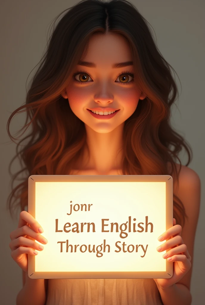 Beautiful girl with heart-warming smile and wavy long hair, bohemian dress, holding a white board with text "learn English Through Story" and showing it to the viewer, the board is glowing with the text.