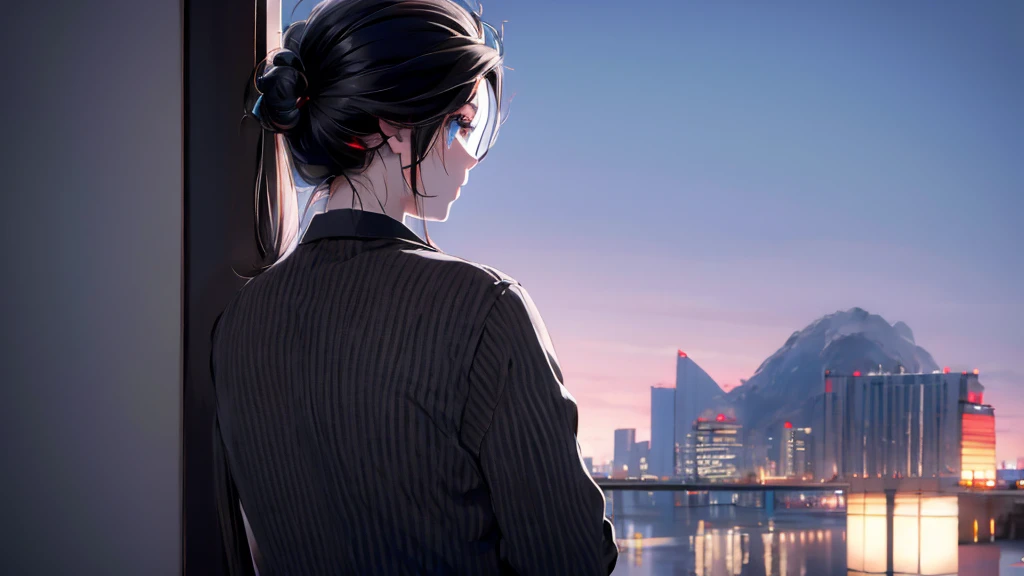 1 Girl , Girl medium light Black hair, light gray&blue eyes, wearing black suit 4D, night town , high res, ultrasharp, 8K, masterpiece, looking from behind