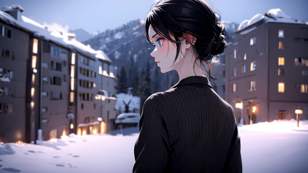 1 Girl , Girl medium light Black hair, light gray&blue eyes, wearing black suit 4D, night town , high res, ultrasharp, 8K, masterpiece, looking from behind