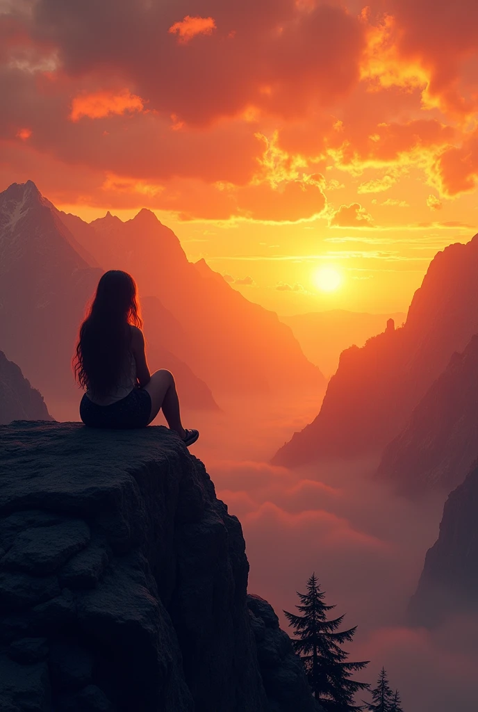 A large realistic horizontal landscape with a panoramic view of an orange sunset with mountains, on the highest peak of the mountain the shadow of a woman sitting on her back with her hair down watching the landscape illuminated by a glow