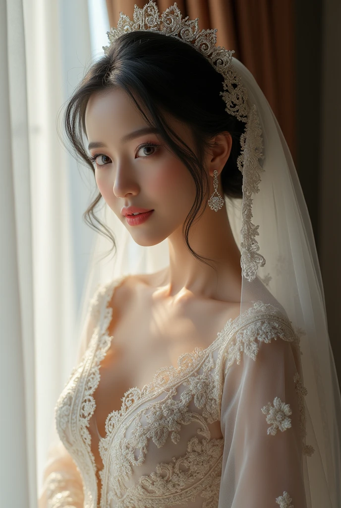 (Masterpiece), best quality, highest quality, highly detailed CG unity 8k wallpaper, original, high resolution, (depth of field: 1.5), fidelity: 1.3, breasts, bride portrait style, 1 girl, curtains, veil , bridal veil, wedding dress, curtains, jewelry, solo, earrings, teeth, bride, black_hair, indonesian girl, wearing kebaya