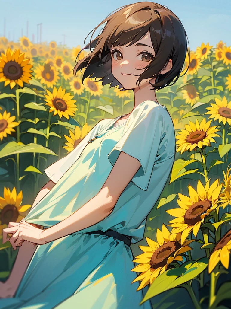  master piece, best quality, for below, cinematic angle, upper body , pigeon toed,  
Anime-style Moe illustration, summer vacation theme, 20-year-old woman, sunflower field, short hair, 
Picnic Maxi Dress, slightly inner thighs, smile, accurate drawing, Active pose, Active Angle, 