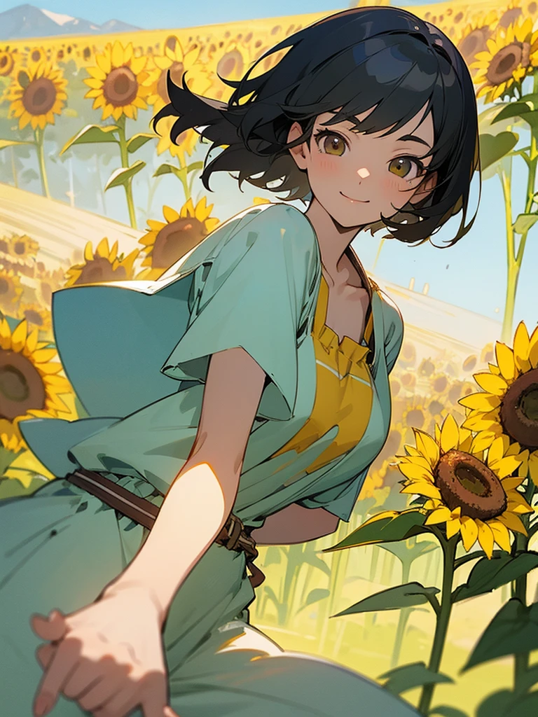 master piece, best quality, for below, cinematic angle, upper body , pigeon toed,
Anime-style Moe illustration, summer vacation theme, 20-year-old woman, sunflower field, short hair,
Picnic Maxi Dress, slightly inner thighs, smile, accurate drawing, Active pose, Active Angle,