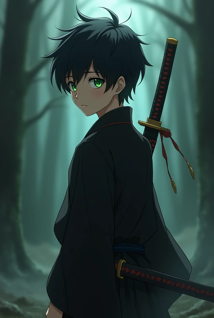 An -year-ooy wiblack hair and green eyes who is standing with his back turned and whose face is more or less visible and who has the katana behind his back and who looks like an anime for a cover and a black swordsman's outfit.