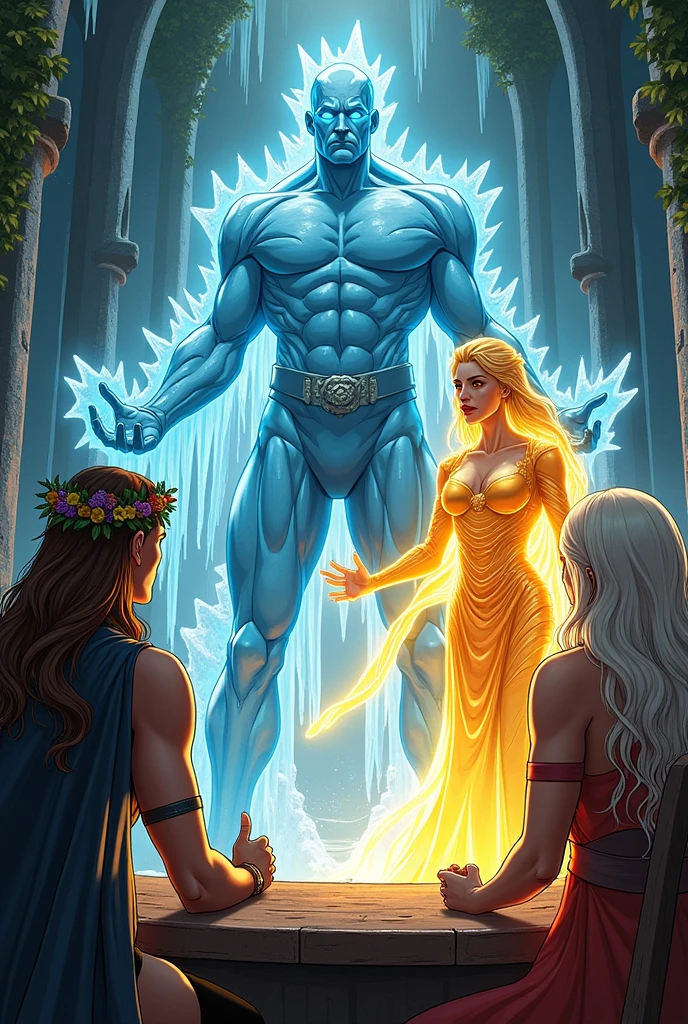 Create a comic-style illustration of a meeting scene featuring three superheroes in a mystical hall.
1. **Umbra** is a massive man made entirely of translucent ice, towering at 2.5 meters tall. He has a natural crown of ice stalactites and wears a shadowy black cape that blends seamlessly with his icy body. He is seated at the table, his glowing blue eyes focused and intense.
2. **Tempest** is a woman with a yoga-toned, flexible body, medium height, long brown hair adorned with flowers and leaves, and dressed in earth-toned, flowing clothes. She is also seated at the table, her green eyes calm and observant as she listens.
3. **Lumina** is a radiant woman with golden skin that glows, long white hair with fiery orange and red tips, and a flowing outfit that shifts between gold, orange, and red. She is standing, gesturing with her arms as she speaks passionately, her body emitting a warm glow.
The hall is decorated with elements that reflect their powers—icy structures, radiant light, and lush greenery. The scene captures the moment of intense discussion, with Lumina actively expressing her thoughts while the others listen attentively.