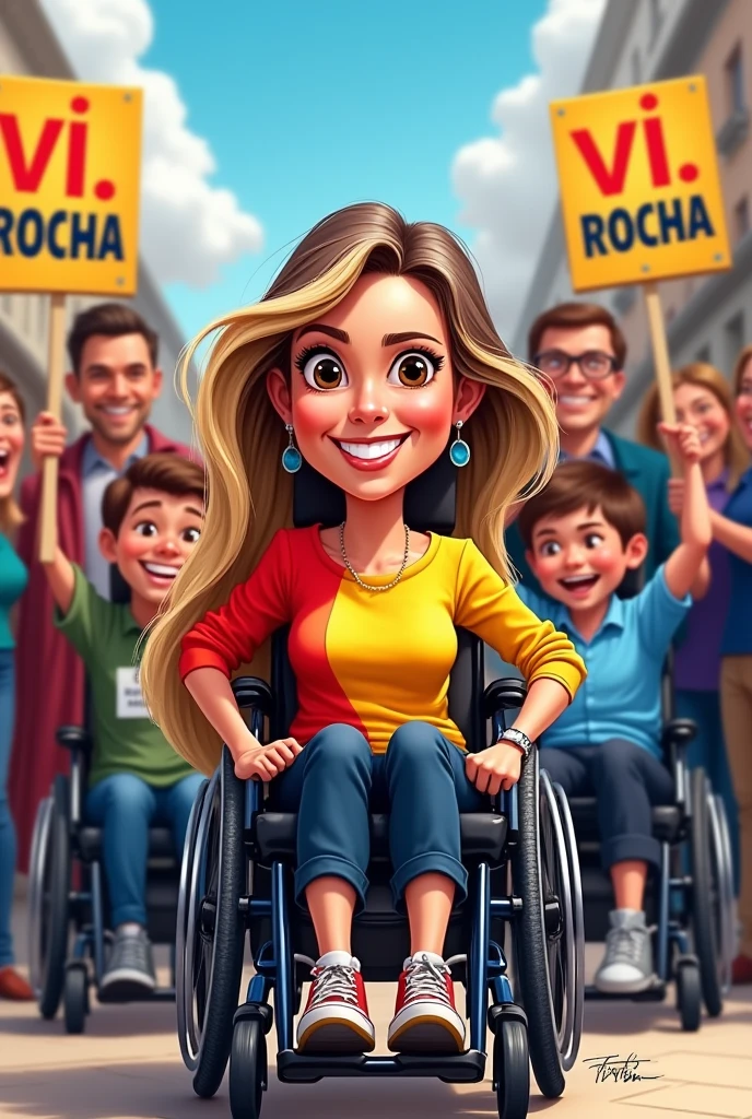 I am a wheelchair user, white, have brown eyes and long blond and dark hair and I am a candidate for councilor.. I would like you to create a caricature of a wheelchair user in the front with a yellow and red blouse and me happy and a man in a wheelchair, a woman in a wheelchair and a child in a wheelchair together with other people all happy and excited and holding signs with the name Vi Rocha