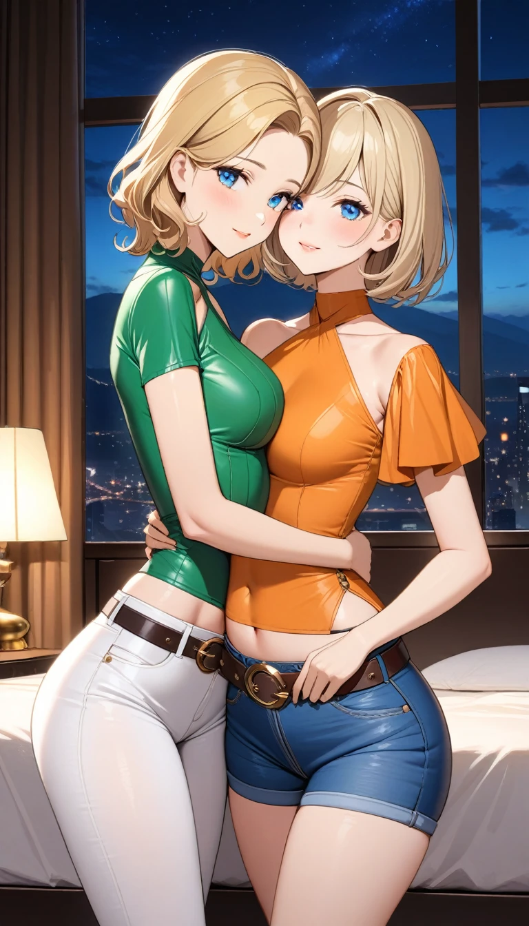 Two beautiful ladies ((lady 1: 35y old mom, with short straight blonde hair, lady 1 with blue eyes and caucasian skin, lady 1 wearing Tight Jeans and Leather Belt, lady 1 Sexy Criss Cross Mock Neck Short Sleeves Orange Blouse)), ((lady 2: 13y old daughter, with short straight blonde hair, lady 2 with blue eyes and caucasian skin, lady 2 wearing Tight Jean Shorts and Leather Belt, lady 2 Sexy Criss Cross Mock Neck Short Sleeves Green Blouse)), luxurious jewelry, 18k gold wedding ring on left hand, standing in their bedroom at night, hugging and kissing each other, (light brown lipstick), (elegant mascara), (slim body), (small breasts), (wide hips), endjourney, <lora:GoodHands-, <lora:GoodLegs-, UHD, high resolution, (expressive eyes, perfect face, full body, expressive face, perfect body, perfect pussy, athletic, fit, slim body, blushing, Perfect makeup, eyeliner, beautiful eyelashes, smiling, horny face), ((best illumination, best shadows)), ((sexy pose)), ((Front pov:1.1))