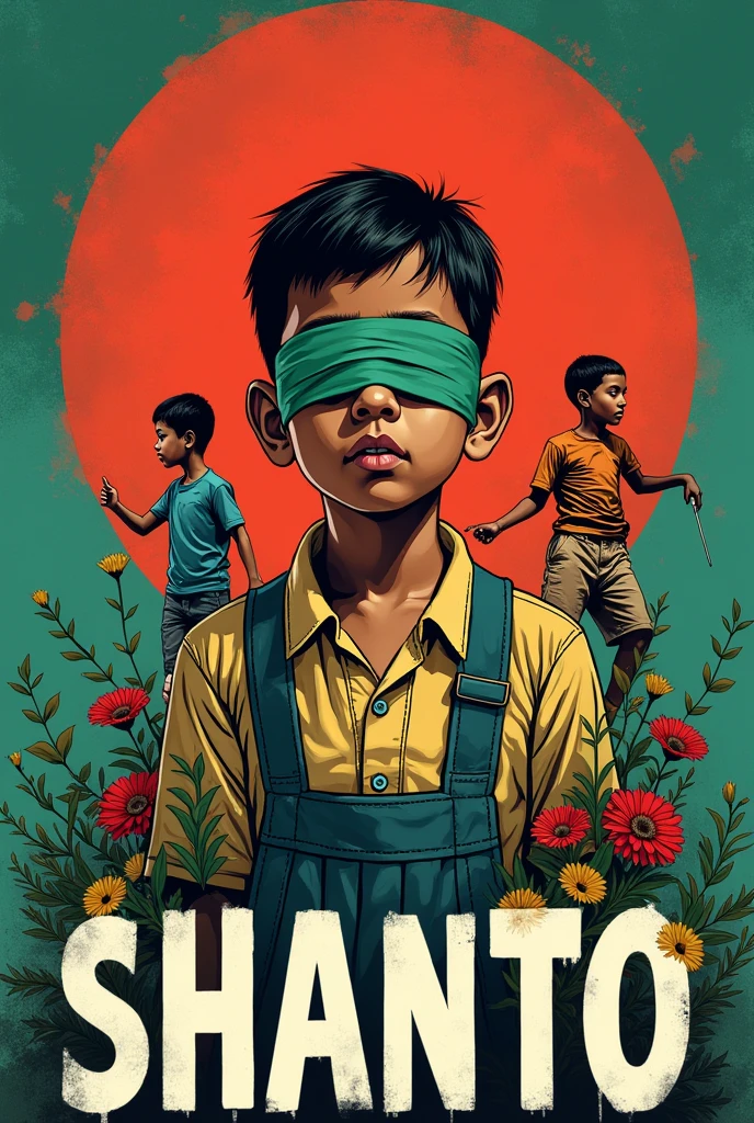 This image features the name "SHANTO
" along with a symbolic representation related to Brazil. The background and colors used in the illustration resemble the Bangladeshi flag, suggesting a theme of national significance. The image of the boy with a blindfold could represent themes of awareness, freedom, or a call to open one's eyes to certain issues.