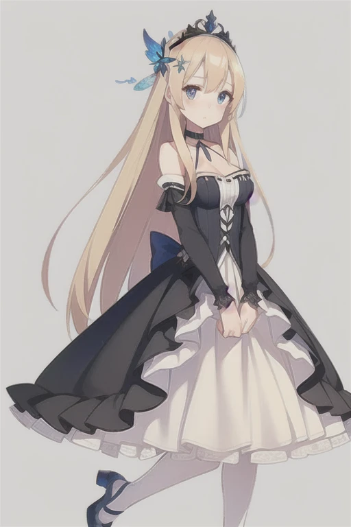 Saratoga \(warship girls r\),((masterpiece)),(((best quality))),((ultra-detailed)),((illustration)),((disheveled hair)),((frills)),(1 girl),(solo),1girl,masterpiece, (8k, best quality, masterpiece:1.2),highly detailed,ultra-detailed,masterclass,best quality,illustration,hair_between_eyes,perfect lighting,blue butterfly hair ornament,((Blonde hair)),long hair,(dark blue high-heeled shoes,dark blue long dress,dark blue choker,dark blue bow veil,tiara, blue eyes)realistic,Blue eyes with highlights,blonde long hair(delicate eyes),