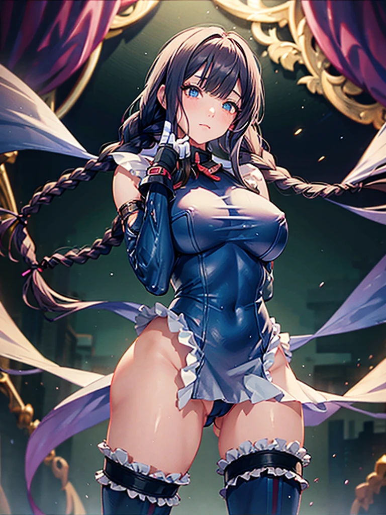 , 1 girl, videogame character, Dark Street, natta, perfect waist, shoulderpads, chokers, beautiful face, detailedeyes, perfectbody, thick-thighs, big-ass, Breasts huge, hair with braids, posing for a photo, hand on ass, hands on thigh, wet ass, cowgirl position, looking at the viewer, anatomically corrected, focus on the ass, low viewer
