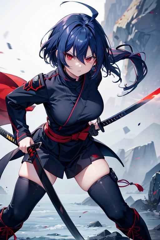 Red eyes, Bob Hair, Large Breasts, Navy Blue Hair, Inner Color, Black Ninja Uniform,anger, Holding the Sword,Ahoge, whole body short boots