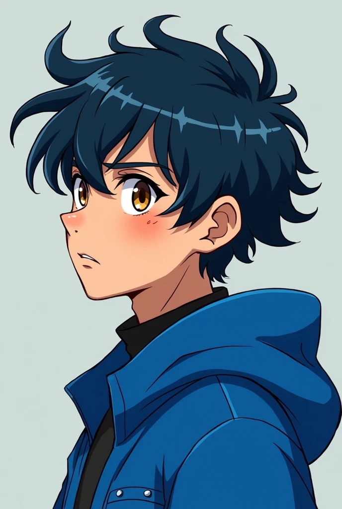The character is a slightly tired-looking young man with dark, bluish hair and amber eyes. He wears bright blue jacket. His voluminous, swept-back hairstyle has defined waves.