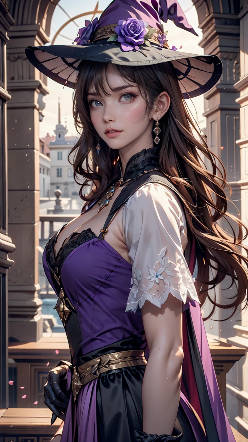 Beautiful girl, Perfect Face, Arms at your sides, masterpiece, Ultra-high resolution, high quality, 4K, Upper Body:1.5, Lisa (Genshin Impact), urple witch hat, Green Eyes, Brown Hair, (Pure Eros Face_v1:0.008), (European:1.6), bangs, dress, Rose, jewelry, witch, Capelet, Purple hat, Black gloves, Purple Flower, Hair between the eyes, purple Rose, Lips parted, purple Capelet, Hat Flower, multicolored dress, hair ornaments, windmill, From the side,