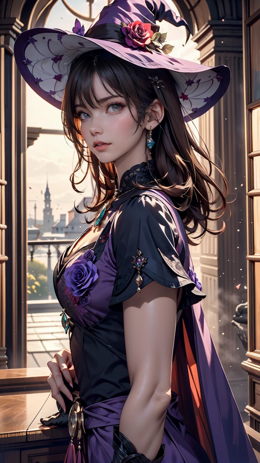 Beautiful girl, Perfect Face, Arms at your sides, masterpiece, Ultra-high resolution, high quality, 4K, Upper Body:1.5, Lisa (Genshin Impact), urple witch hat, Green Eyes, Brown Hair, (Pure Eros Face_v1:0.008), (European:1.6), bangs, dress, Rose, jewelry, witch, Capelet, Purple hat, Black gloves, Purple Flower, Hair between the eyes, purple Rose, Lips parted, purple Capelet, Hat Flower, multicolored dress, hair ornaments, windmill, From the side,