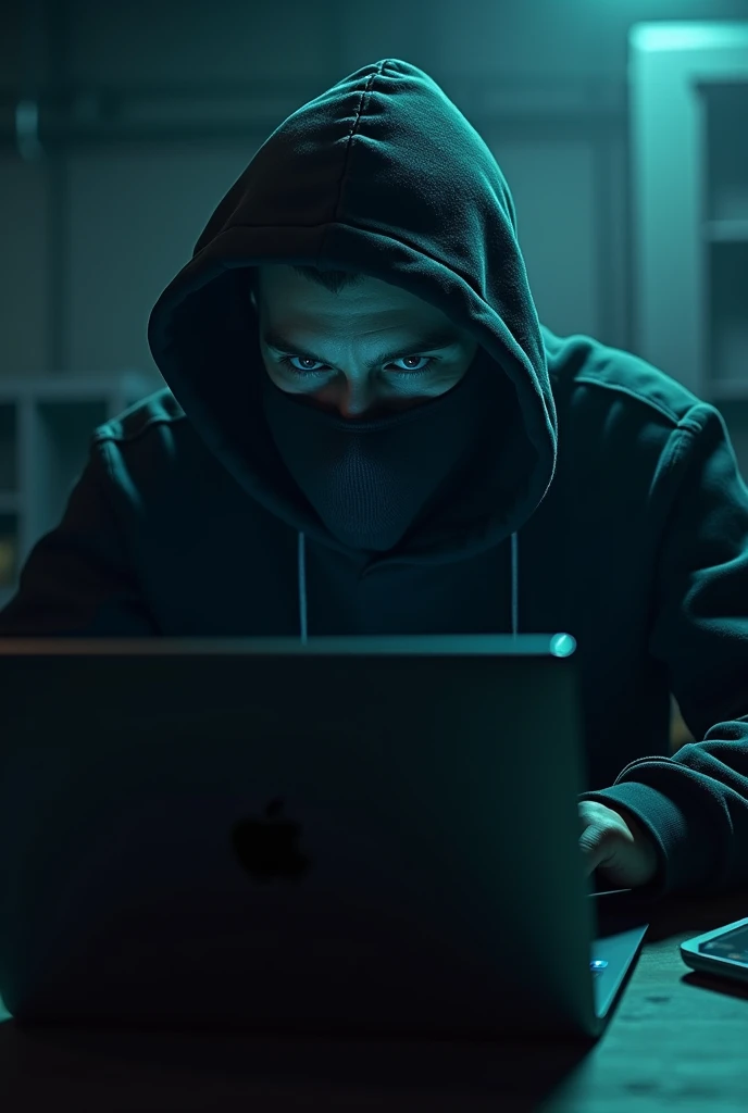Hacker wearing hoodie with mask seeting forward on the chair with the laptop