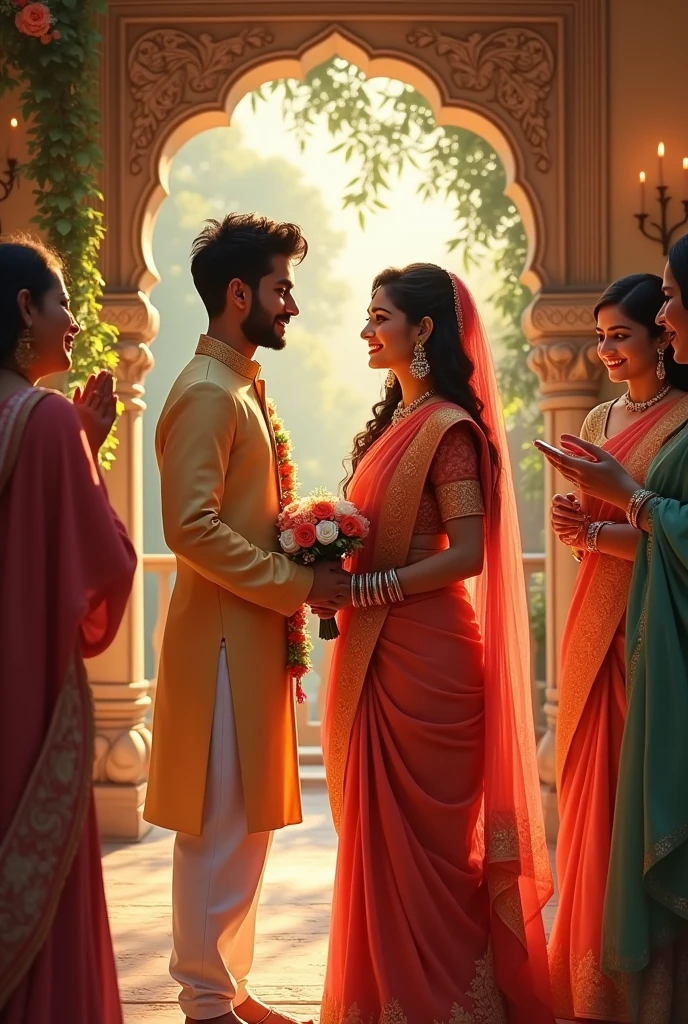 "A humble, but joyful wedding in a middle-class home. The young man, dressed as a groom, marries the beautiful Ratnavati, the daughter of a wealthy merchant, in a simple, but elegant ceremony. The atmosphere is festive with friends and family gathered."