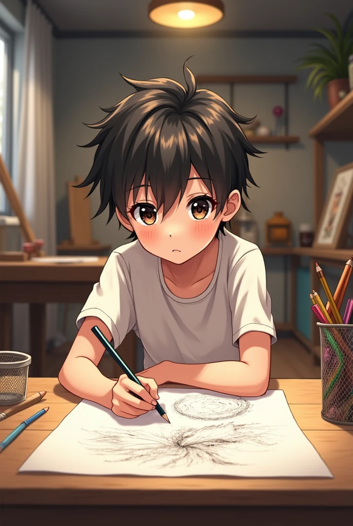 A anime boy character are make drawing on tabale in drawing studeo