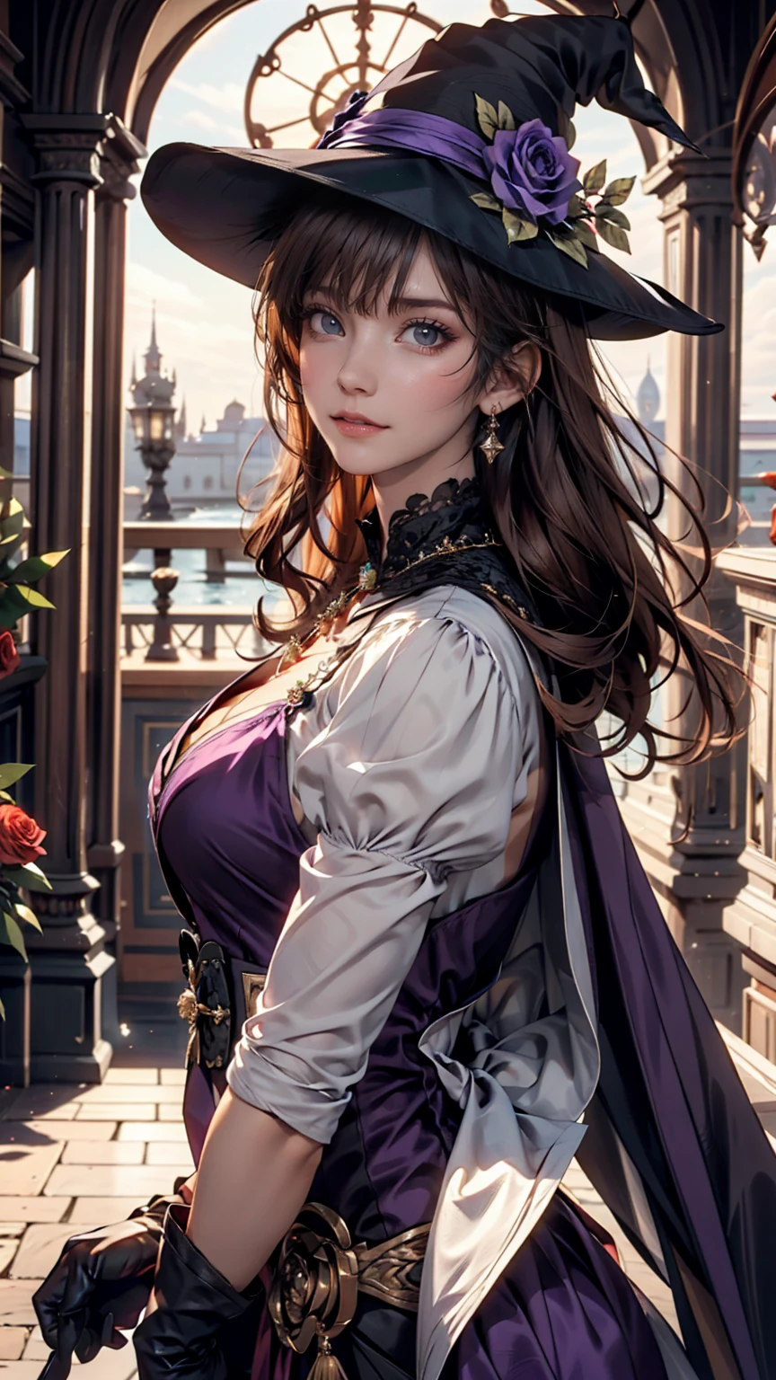 Beautiful girl, Perfect Face, Arms at your sides, masterpiece, Ultra-high resolution, high quality, 4K, Upper Body:1.5,  Lisa (Genshin Impact), urple witch hat, Green Eyes, Brown Hair, (Pure Eros Face_v1:0.008), (European:1.6), bangs, dress, Rose, jewelry, witch, Capelet, Purple hat, Black gloves, Purple Flower, Hair between the eyes, purple Rose, Lips parted, purple Capelet, Hat Flower, multicolored dress, hair ornaments,  windmill, From the side,