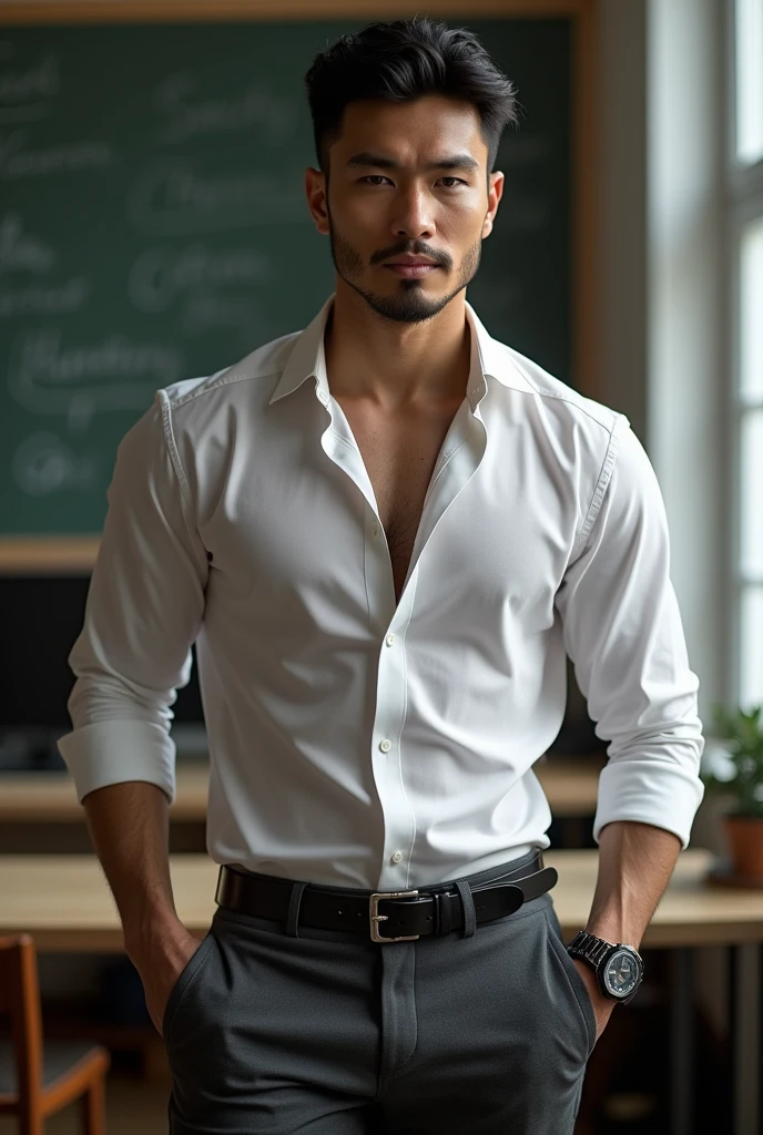 Asian man, 30years old, Handsome and elegant, Wearing a transparent shirt, sexy , Masculine and handsome,musculous,Muscles look good,hairy bodies, with fair skin,, Full body photo,(ultra-detailed, photorealistic, best quality, 4k, 8k, highres, masterpiece:1.3), charming , (muscular build body), wearing tailored shiny dress shirt, with the top button casually undone, perfectly fitted charcoal trousers, sweat, unbutton buttons shirt, lewd face ,tight chest, sex, erotic, horny, look straight, Accessories include a luxury wristwatch in the Classroom,looking at viewer,muscle veins, sexy posing