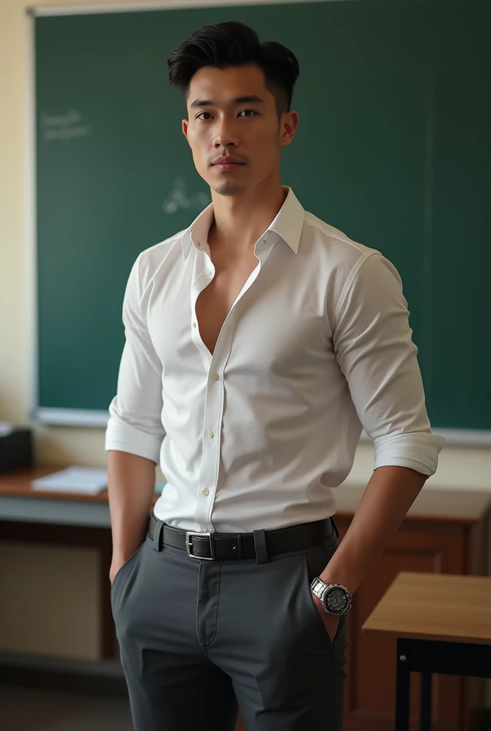 Asian man, 30years old, Handsome and elegant, Wearing a transparent shirt, sexy , Masculine and handsome,musculous,Muscles look good,hairy bodies, with fair skin,, Full body photo,(ultra-detailed, photorealistic, best quality, 4k, 8k, highres, masterpiece:1.3), charming , (muscular build body), wearing tailored shiny dress shirt, with the top button casually undone, perfectly fitted charcoal trousers, sweat, unbutton buttons shirt, lewd face ,tight chest, sex, erotic, horny, look straight, Accessories include a luxury wristwatch in the Classroom,looking at viewer,muscle veins, sexy posing