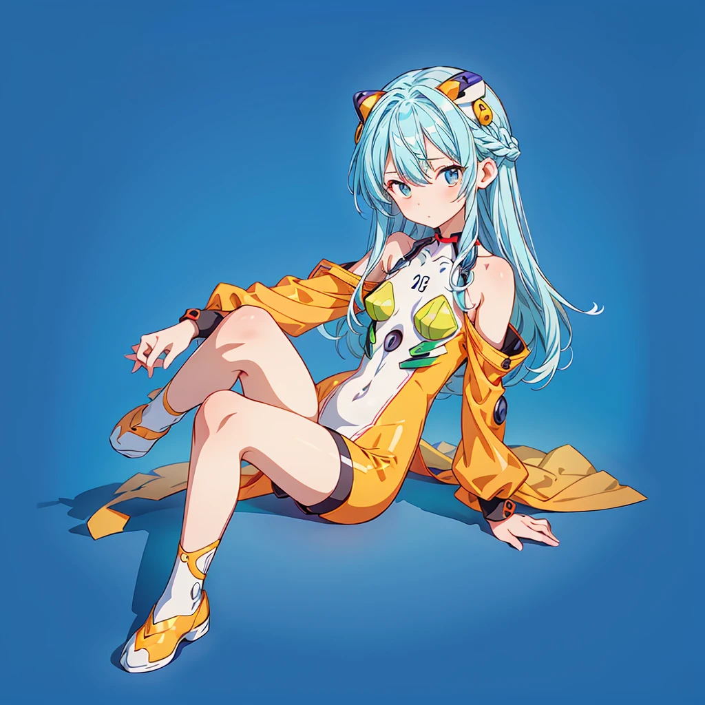 Little、cute、Perfect Anatomy、Ultra-high resolution、Best aesthetics、Top quality foot depiction、Anime Style、Flat avatar、Milky white and blue hair color、Long Straight Hair、Sitting with her legs stretched out、Inside a circular shape、Simple Background、Evangelion plug suit orange and yellow-green clothing、