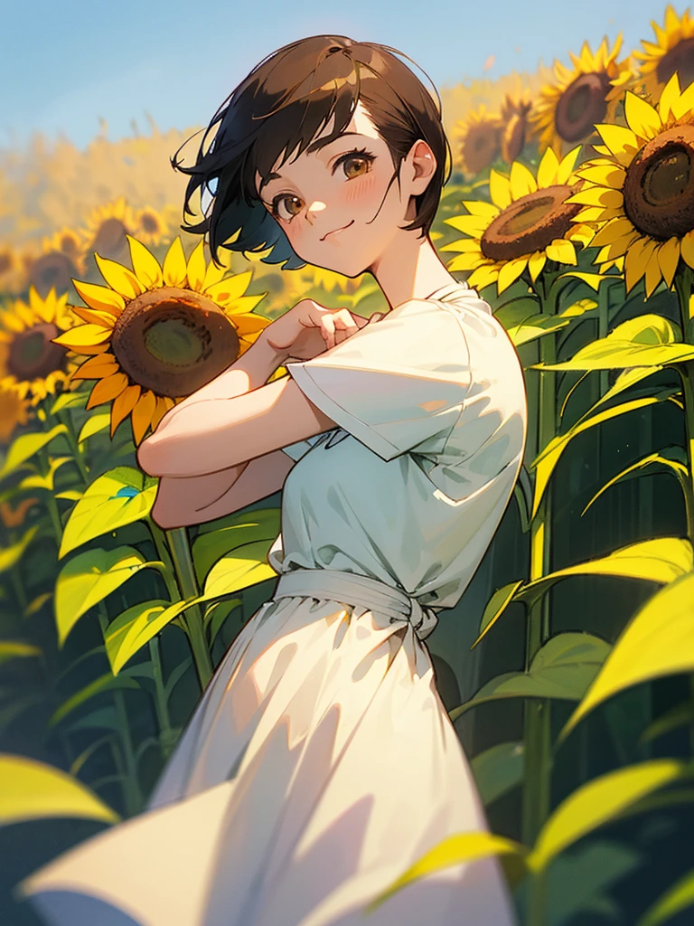 master piece, best quality, for below, cinematic angle, upper body , pigeon toed,
Anime-style Moe illustration, summer vacation theme, 20-year-old woman, sunflower field, short hair,
Picnic Maxi Dress, slightly inner thighs, smile, accurate drawing, Active pose, Active Angle,