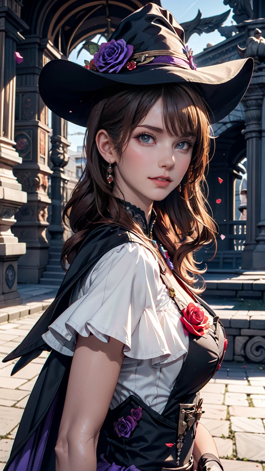 Beautiful girl, Perfect Face, Arms at your sides, masterpiece, Ultra-high resolution, high quality, 4K, Upper Body:1.5, Lisa (Genshin Impact), urple witch hat, Green Eyes, Brown Hair, (Pure Eros Face_v1:0.008), (European:1.6), bangs, dress, Rose, jewelry, witch, Capelet, Purple hat, Black gloves, Purple Flower, Hair between the eyes, purple Rose, Lips parted, purple Capelet, Hat Flower, multicolored dress, hair ornaments, windmill, From the side,